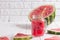 Smoothies Of Watermelon Juice In Glass Jar With Straw. Fresh Red