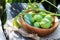 Smoothy unripe green walnuts and tincture of nuts in a transparent jar with a cork lid on an old vintage table. Leaves on branch