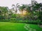 Smoth green grass lawn backyard with curve pattern walkway of gravel stepping stone on fresh greenery turf in a garden, flower