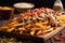 smothered chili cheese fries on a breadboard