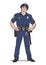 Smug policeman stands upright. Blue uniform