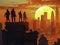 Smugglers silhouettes against smart city sunrise quests