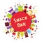 Snack bar circle banner, fast food and drinks products. Beverage bottles, sandwich in pack, soda and juice. Food store