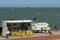 Snack bar, tourists and surfers on the North Sea