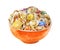 Snack party mix with pretzels, chips, crackers, cereal in orange bowl watercolor illustration isolated on white