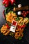 Snack platter French fries, chicken nugget, Turkish pastry, onion rings, potato croquette top view, flat lay