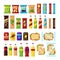 Snack product set for vending machine. Fast food snacks, drinks, nuts, chips, cracker, juice, sandwich for vendor