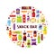 Snack set circle banner, fast food and drinks products. Beverage bottles, sandwich in pack, soda and juice. Food store