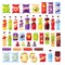 Snack set, fast food and drinks products. Beverage bottles, sandwith in pack, soda and juice for vending machine. Food