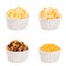 Snacks collection - crunchy different corn sticks in white ceramics bowls, isolated.