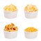 Snacks collection - crunchy different corn sticks in white ceramics bowls, isolated. Fast food template for menu, advertising, cov