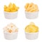 Snacks collection - crunchy potato chips, nachos, tortilla in white ceramics bowls, isolated.