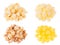 Snacks collection - different popcorn and corn sticks in heaps isolated on white background.