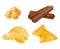 Snacks. Salty crispy junk fast food chips corn cookies vector realistic collection