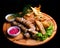 Snacks to beer on a wooden board. Bavarian fried sausages, fried potatoes, chips isolated on a black background