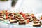 Snacks for a wedding party and birthday. Festive table of canapes.