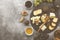 Snacks with wine - various types of cheeses, figs, nuts, honey,