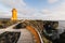 SNAEFELLSNES, ICELAND - AUGUST 2018: view over orange tower of Svortuloft Lighthouse