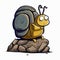 Snail with backpack on its back sits on rock, cartoon style. Funny avatar, logo for travel agencies