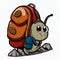 Snail with backpack on its back sits on rock, cartoon style. Funny avatar, logo for travel agencies