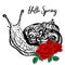Snail. Black and white pattern with scarlet roses.