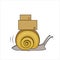 Snail Carries A Cart With Boxes, Side view. Slow Delivery. Signs on Cardboard Boxes. Symbol of Slowness. Modern flat Vector