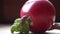 Snail crawls over the red apple and green broccoli, cute animal, film background