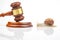 Snail and hammer of justice on a white background. The concept of slow adoption of laws and judicial decision. law and law in