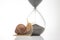 Snail and hourglass on a white background. The concept of slow time. Speed â€‹â€‹of time in a day