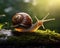 Snail on moss in the forest. Snail in nature.