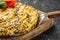 Snail pie borek with meat on a wooden board, Restaurant menu, dieting, cookbook recipe top view
