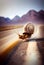 Snail running on the road in the desert. AI Generative