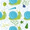 Snail, sea inhabitants seamless pattern, beautiful character among seashells, seaweed, starfish, sea animals of wildlife