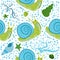 Snail, sea inhabitants seamless pattern, beautiful character among seashells, seaweed, starfish, sea animals of wildlife