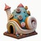 Snail Shell as a fairy house with bright accents on White Background. AI generative
