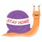 Snail stay at home. Cute cartoon purple snail with a banner against the spread of the virus.