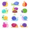 Snail vector snail-shaped character with shell and cartoon snailfish or snail-like mollusk kids illustration set of