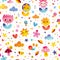 Snails mushrooms flowers hearts cute little characters seamless pattern