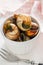 Snails with parsley butter, Bourgogne Escargot Snails in bowl. Delikatese food