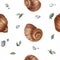 Snails pattern leafs and stones white background shells