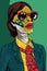 Snake businesswoman on a phone call. A reptilian creature in formal clothes speaks into a headset. Portrait of a mutant woman with