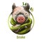 Snake curling around smiling piglet with plant and leaves by ears digital art. Serpent and pig zodiac and oriental