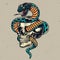 Snake entwined with skull colorful concept