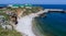 Snake Island, view of the Ladies\\\' Beach with a washed-out skewed pier, Ukraine