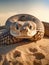 Snake is laying on top of sand. The snake\\\'s head and eyes are visible in close proximity to each other, with its eye