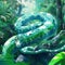 a snake is in the middle of a jungle with rocks and trees in the background