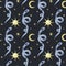 Snake seamless pattern. Doodle hand drawn snakes on dark background with moon sun and stars, contemporary cartoon magic reptiles.