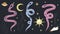 Snake set. Doodle hand drawn pink and blue snakes on dark background with moon sun and stars, contemporary cartoon design