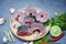 Snakehead fish for cooking food, striped snakehead fish chopped with ingredients lemon on wooden plate and table kitchen