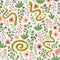 Snakes and flowers. Cute childish fabric design. Vector seamless pattern in hand drawn style. Ethnic background.